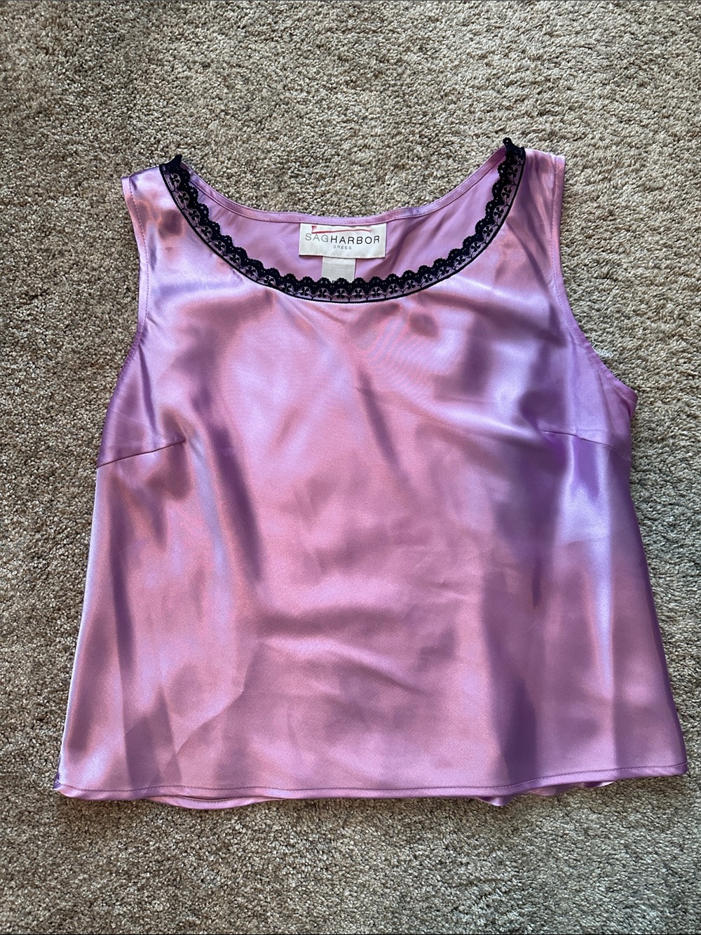 Purple Satin Women’s Cottagecore Scoop Neck Tank Top Blue Lace Trim Size 12